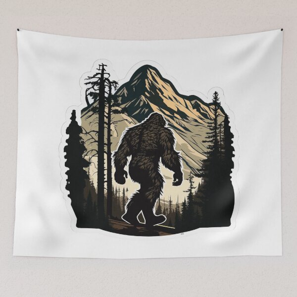 Item preview, Silhouette of Bigfoot walking in a mountain forest designed and sold by BrinaandPops.