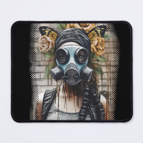 Item preview, Steampunk woman wearing gasmask in front of watercolor pattern of flower and butterflies designed and sold by Dreamakerstudio.