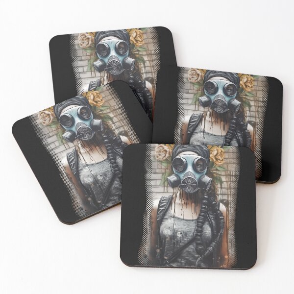 Item preview, Steampunk woman wearing gasmask in front of watercolor pattern of flower and butterflies designed and sold by Dreamakerstudio.