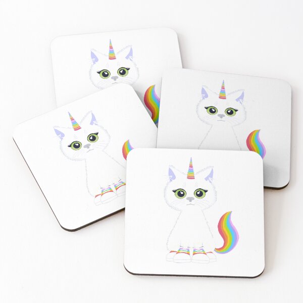 Item preview, Cute white caticorn with green eyes and rainbow sneakers  designed and sold by QuirkyCatz.