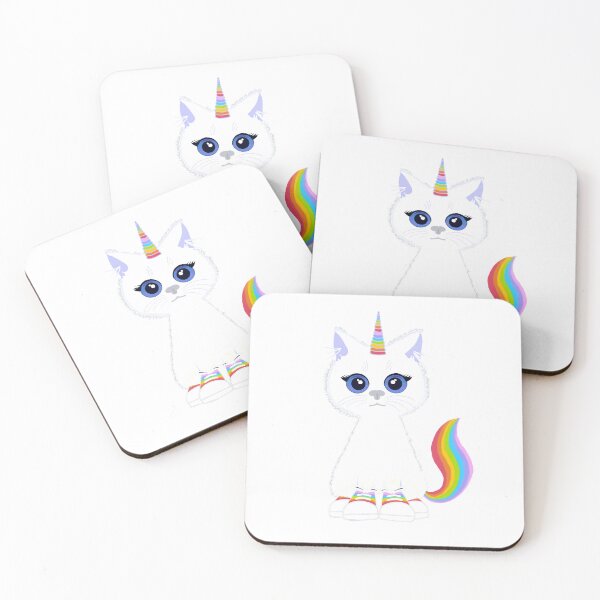 Item preview, Cute white caticorn with blue eyes and rainbow sneakers  designed and sold by QuirkyCatz.