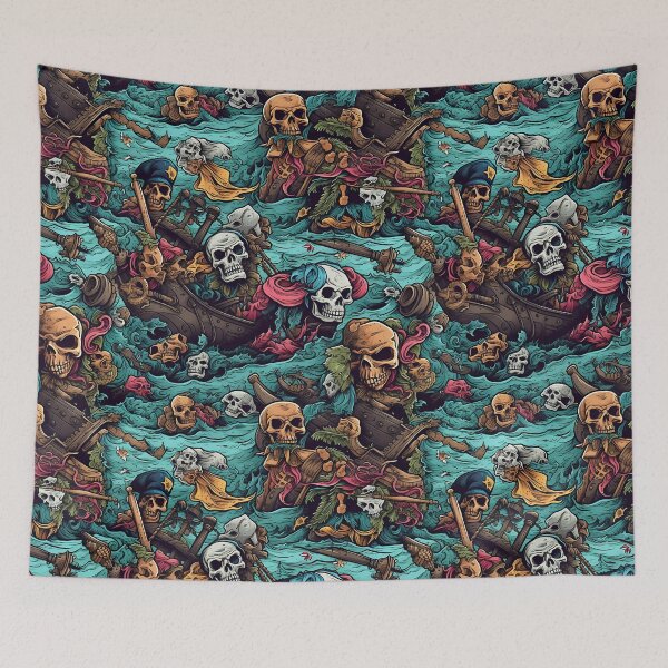 Item preview, Haunted pirate ships and spooky skulls being tossed in a stormy sea designed and sold by KERaney.