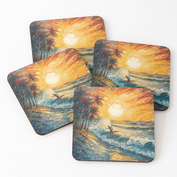 Item preview, Riding the Sunset Swell: Acrylic Impasto Surfer Artwork with Vibrant Tropical Beach and Palm Trees designed and sold by ThatsTheStyle.