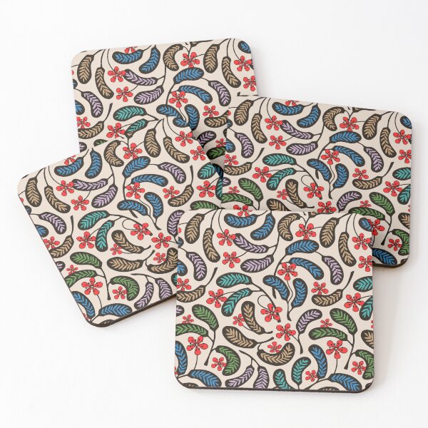 Item preview, HILO Vintage 1950s Hawaiian Style Aloha Tropical Floral Pattern in Coral Red Purple Green Blue Brown Black on Cream - UnBlink Studio by Jackie Tahara designed and sold by Jackie Tahara of UnBlink Studio.