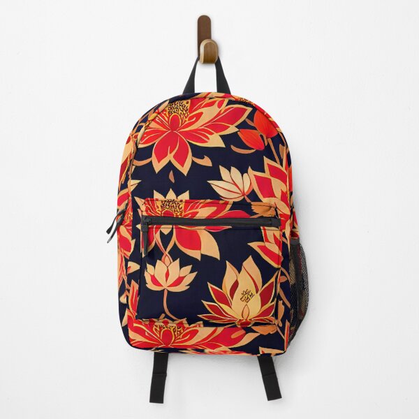 Item preview, Red Fire Lotus Blossom Flowers on Dark Navy background designed and sold by McCallnWaldo.