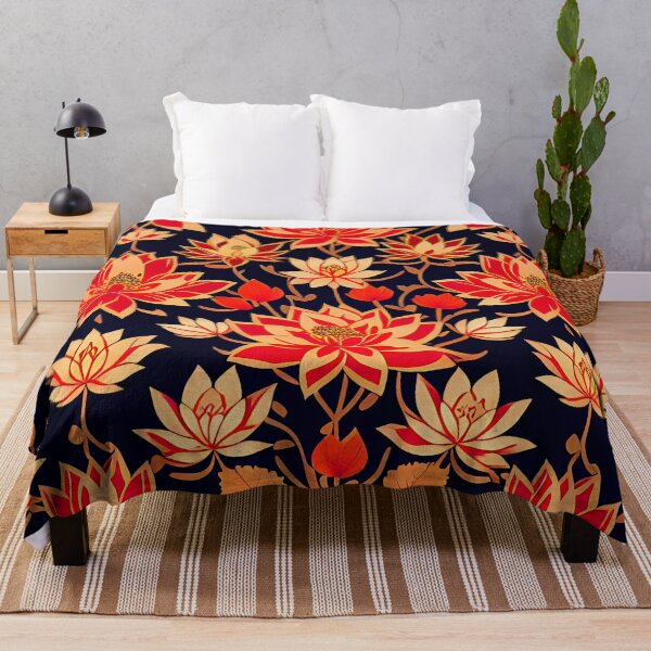 Item preview, Red Fire Lotus Blossom Flowers on Dark Navy background designed and sold by McCallnWaldo.