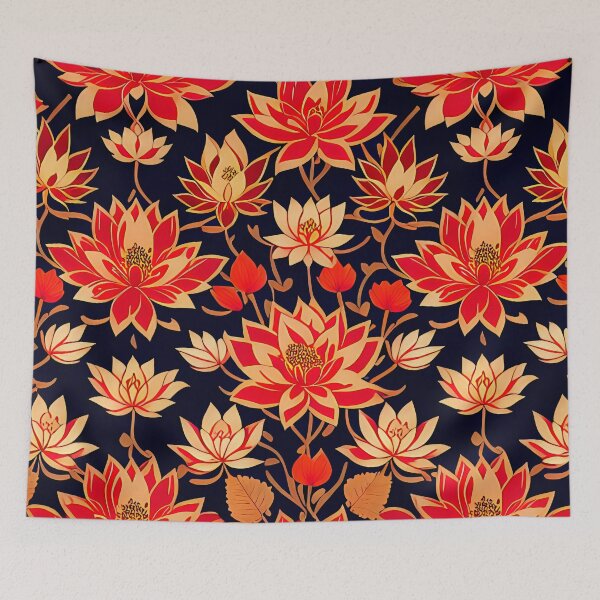 Item preview, Red Fire Lotus Blossom Flowers on Dark Navy background  designed and sold by McCallnWaldo.