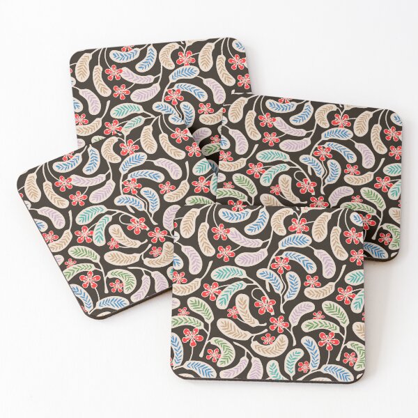 Item preview, HILO Vintage 1950s Hawaiian Style Aloha Tropical Floral Pattern in Coral Red Purple Green Blue Brown Cream on Charcoal - UnBlink Studio by Jackie Tahara designed and sold by Jackie Tahara of UnBlink Studio.