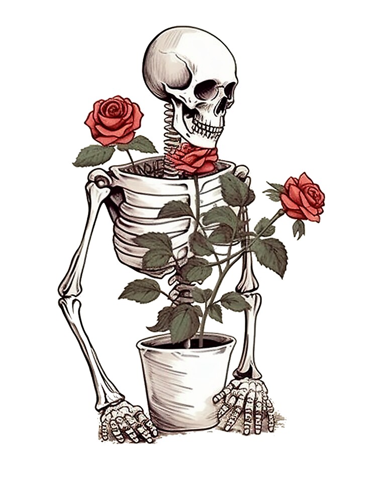 Skeleton And The Roses In A Flower Plant Pot. Cute