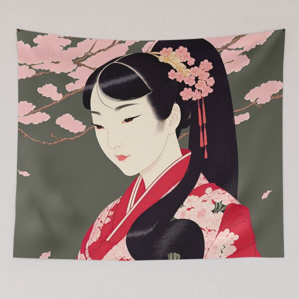 Item preview, Ukiyo-e Japanese Art - Beautiful Long-haired Woman Sitting Under Cherry Blossoms designed and sold by allovervintage.
