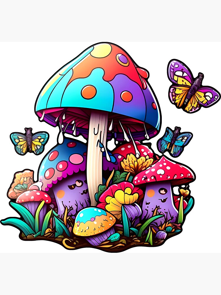 Colorful mushrooms and flowers with pretty butterflies, Lisa Frank  inspired Magnet for Sale by KERaney