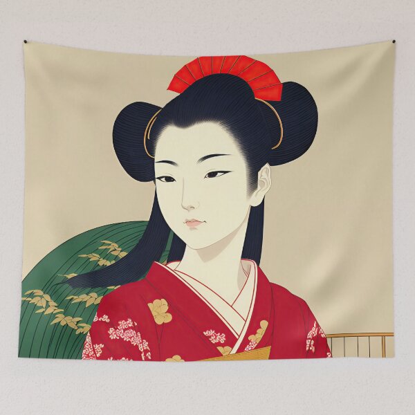 Item preview, Ukiyo-e Japanese Art - Beautiful Woman Wearing a Red Kimono designed and sold by allovervintage.