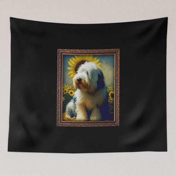 Artikelvorschau, Old English Sheepdog Sunflower Painting Adorable Dog entworfen und verkauft von rafaeltto.