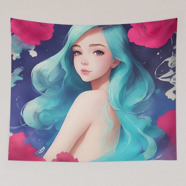 Item preview, Chica acuarela rodeada de rosas, cielo azul nocturno designed and sold by Girly-Universe.
