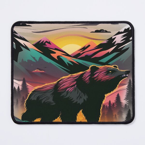 Aperçu de l'œuvre Ours Retrowave noir et blanc dans les montagnes créée et vendue par CybRunner.