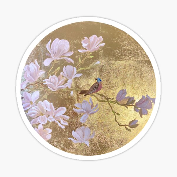 Item preview, Bird and magnolia blossom Vintage magnolia Magnolia garden golden painting designed and sold by SyncopeMars.