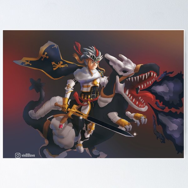Item preview, A knight holding a shining black sword riding a dragon which shoots fireball from its mouth designed and sold by VinLoveArtworks.