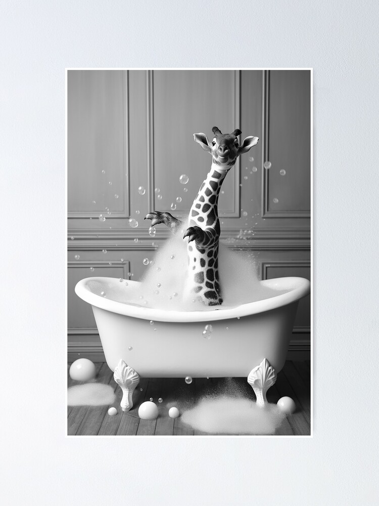 Giraffe Bathtub Vintage Bathroom Art Black and White Print Wild Animal  Funny Cute | Poster