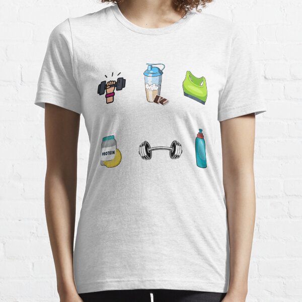 Gym Essentials Protein, Shaker, Bra, Kettlebell, Dumbbell, Water bottle  Sticker for Sale by Kaito Designs