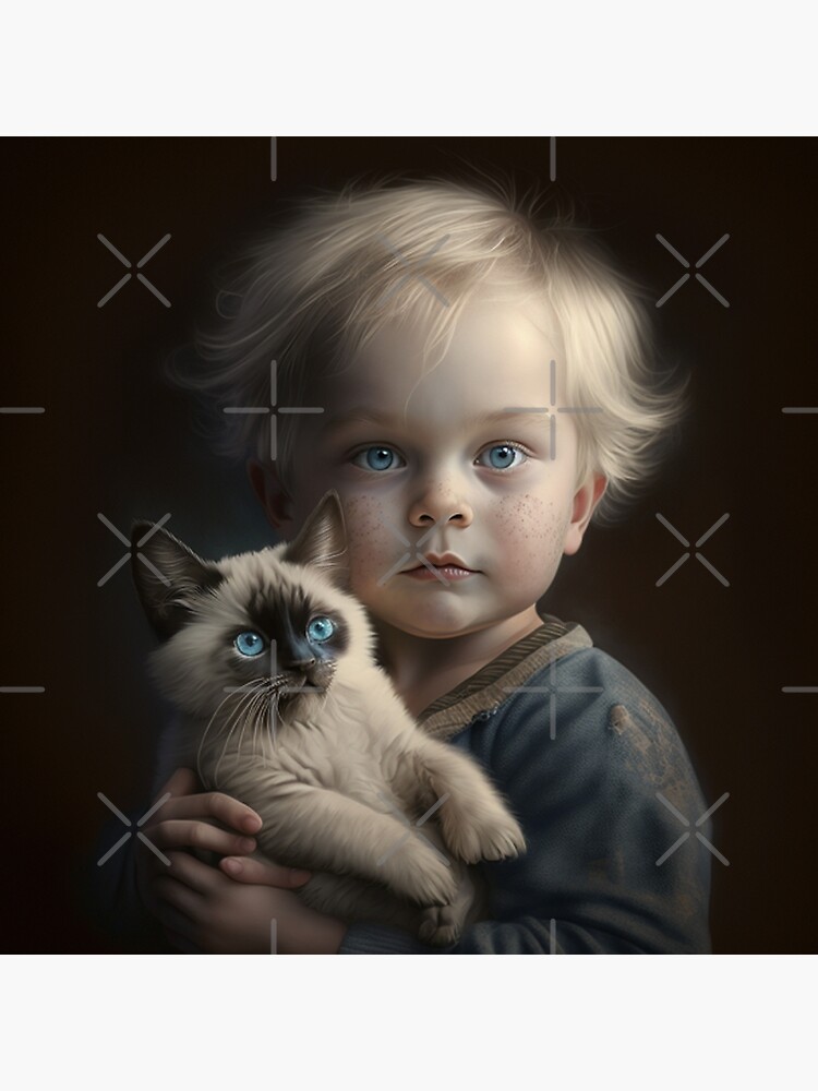 Poster for Sale avec l'œuvre « petit garçon avec un chat » de l