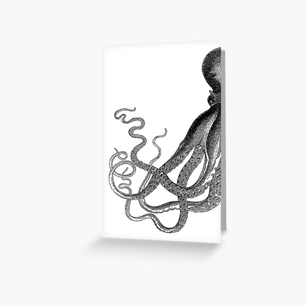 Half Octopus | Left Side | Vintage Octopus | Tentacles | Sea Creatures | Nautical | Ocean | Sea | Beach | Diptych | Black and White | Greeting Card