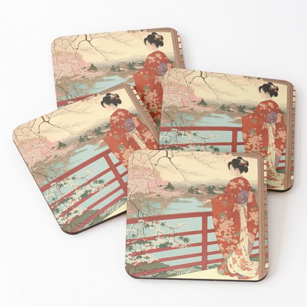 Item preview, Ukiyo-e Japanese Art - Beautiful Woman in Red Kimono on the Balcony designed and sold by allovervintage.