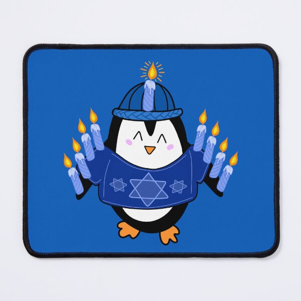 Item preview, Cute Hanukkah Penguin Cartoon Dressed as a Menorah with Blue Sweater and Hat on a Dark Blue Backdrop, made by EndlessEmporium designed and sold by EndlessEmporium.