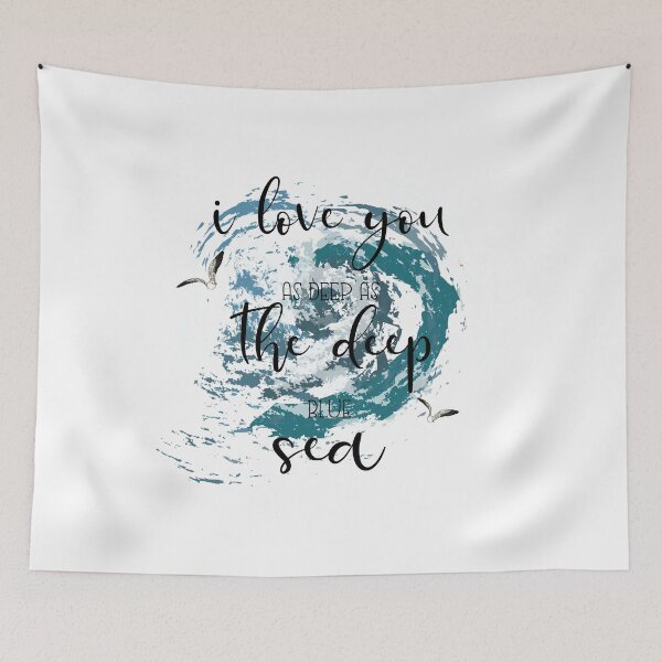 Item preview, I love you as deep as the deep blue sea. Watercolour illustration of seagulls, sea and phrases. Space texture.  designed and sold by Anastasiia Yurevych.