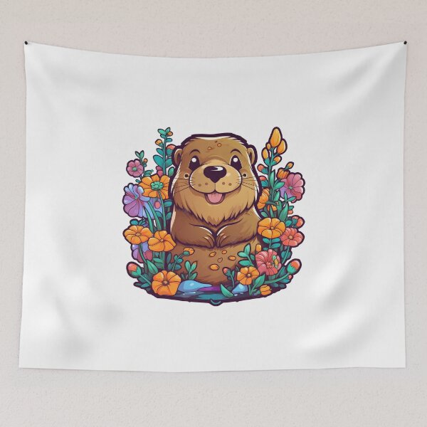Item preview, Playful beaver in pop art cartoon landscape with flowers. Digital illustration with bold outlines and colors. designed and sold by Glittermania.