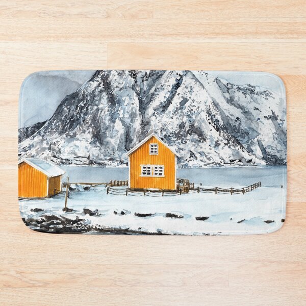 Item preview, Winter Lofoten islands house watercolour landscape designed and sold by Adam Wróbel.