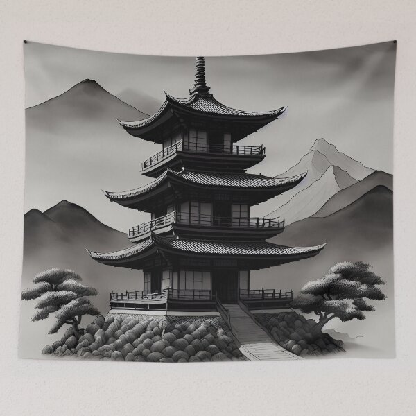 Item preview, Ukiyo-e Japanese Art - Ink Wash Pagoda designed and sold by allovervintage.