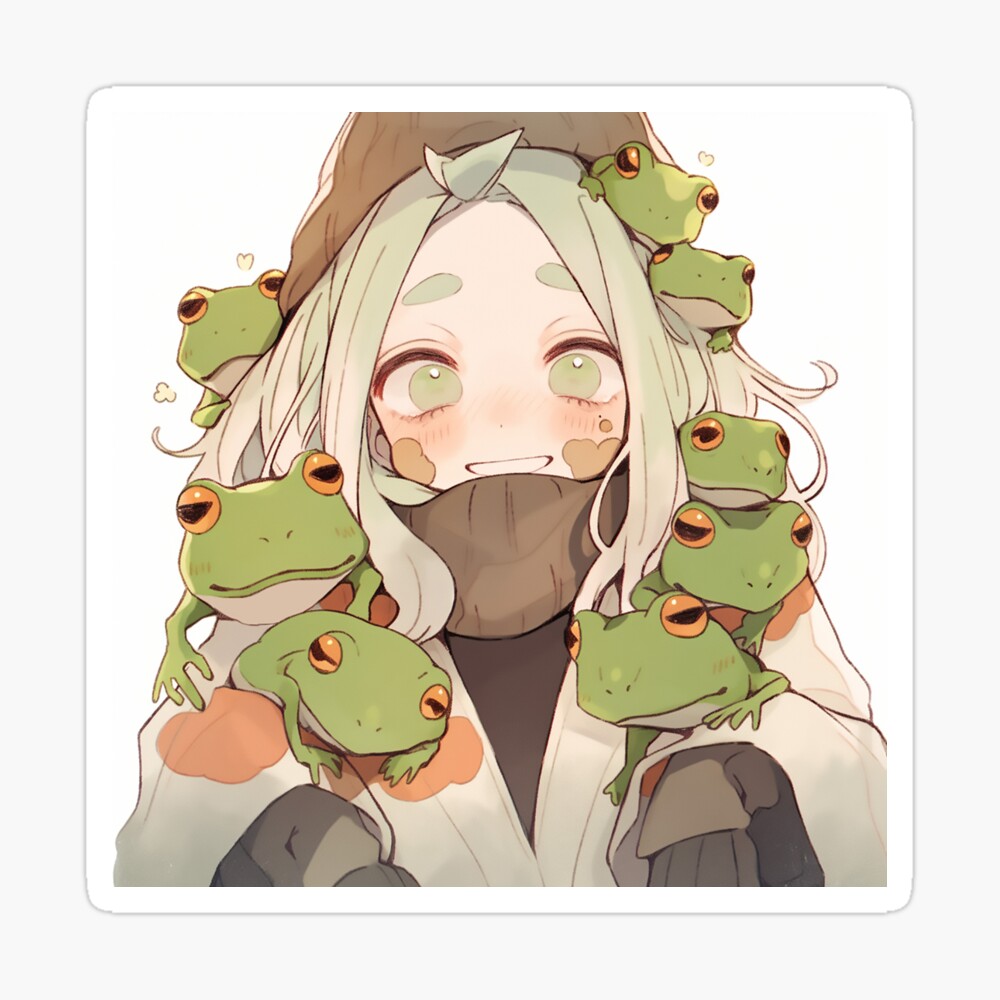 Cute Anime Girl With Beanie and Frogs