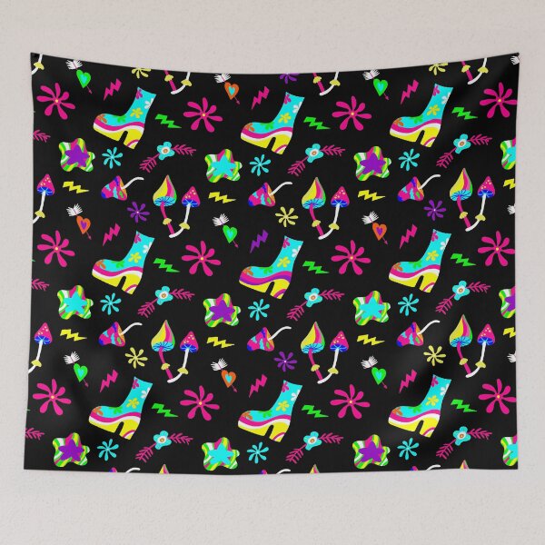 Item preview, 1970s groovy shoes mushrooms vintage black designed and sold by Gossip Rag.
