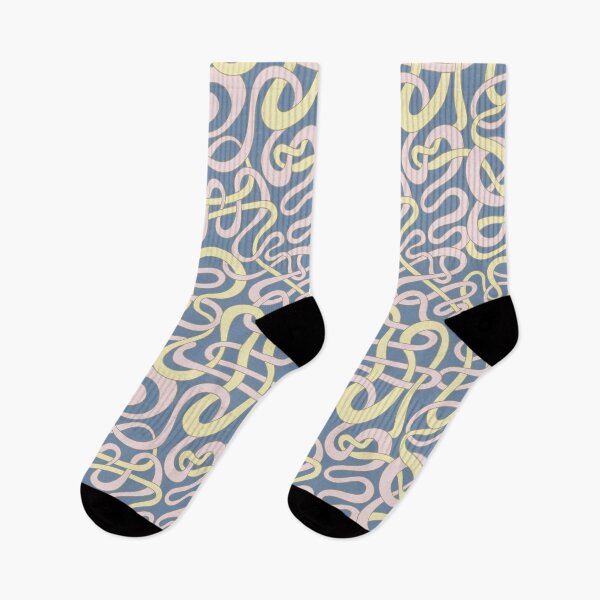 Item preview, MY STRIPES ARE TANGLED Curvy Organic Abstract Squiggle Shapes Pattern in Light Butter Yellow and Pastel Pink on Blue - UnBlink Studio by Jackie Tahara designed and sold by Jackie Tahara of UnBlink Studio.