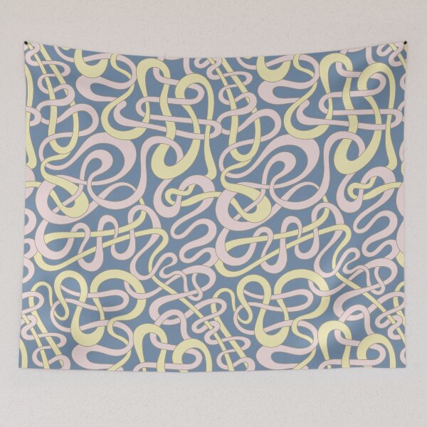 Item preview, MY STRIPES ARE TANGLED Curvy Organic Abstract Squiggle Shapes Pattern in Light Butter Yellow and Pastel Pink on Blue - UnBlink Studio by Jackie Tahara designed and sold by Jackie Tahara of UnBlink Studio.