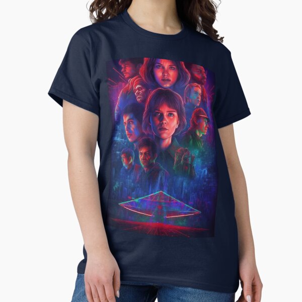 Item preview, Stranger Things where the characters are transported to a futuristic city, with neon lights and advanced technology- Generative AI designed and sold by JuxtaJoy Studios.