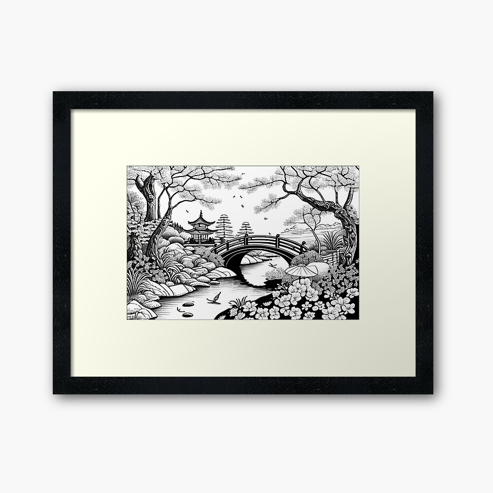 Japanese Garden - black and white papercraft Canvas Print for