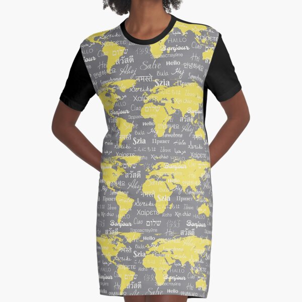 Hello World Languages Gray Yellow Graphic T-Shirt Dress