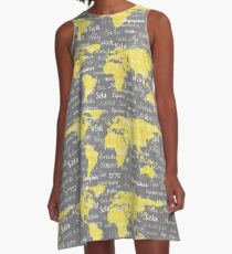 Hello World Languages Gray Yellow A-Line Dress