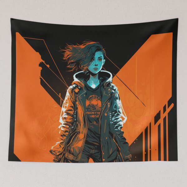 Item preview, Cyberpunk Girl On Orange Neon Background designed and sold by Nightarcade.