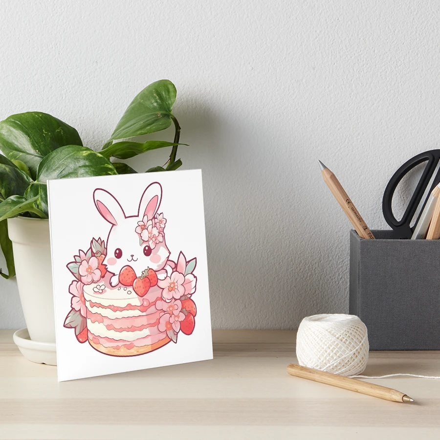 絵画 strawberry & cutie rabbit Cute bunny on strawberry cake