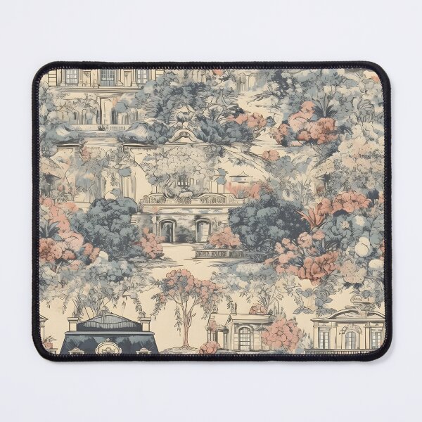 Aperçu de l'œuvre Motif toile de jouy pêche et bleu printemps d'un manoir français classique créée et vendue par CroffleStudio.