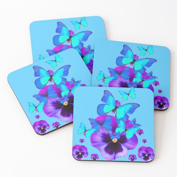 Item preview, BLUE BUTTERFLIES PURPLE PANSY FLOWERS BLUE ART designed and sold by sharlesart.