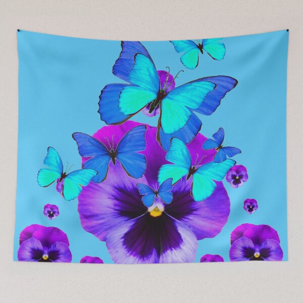 Item preview, BLUE BUTTERFLIES PURPLE PANSY FLOWERS BLUE ART designed and sold by sharlesart.