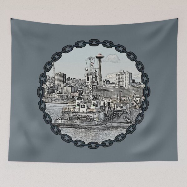 Item preview, Vane Brothers Tug Huson Seattle Skyline Space Needle Sketch color add. designed and sold by Jason Mosley.