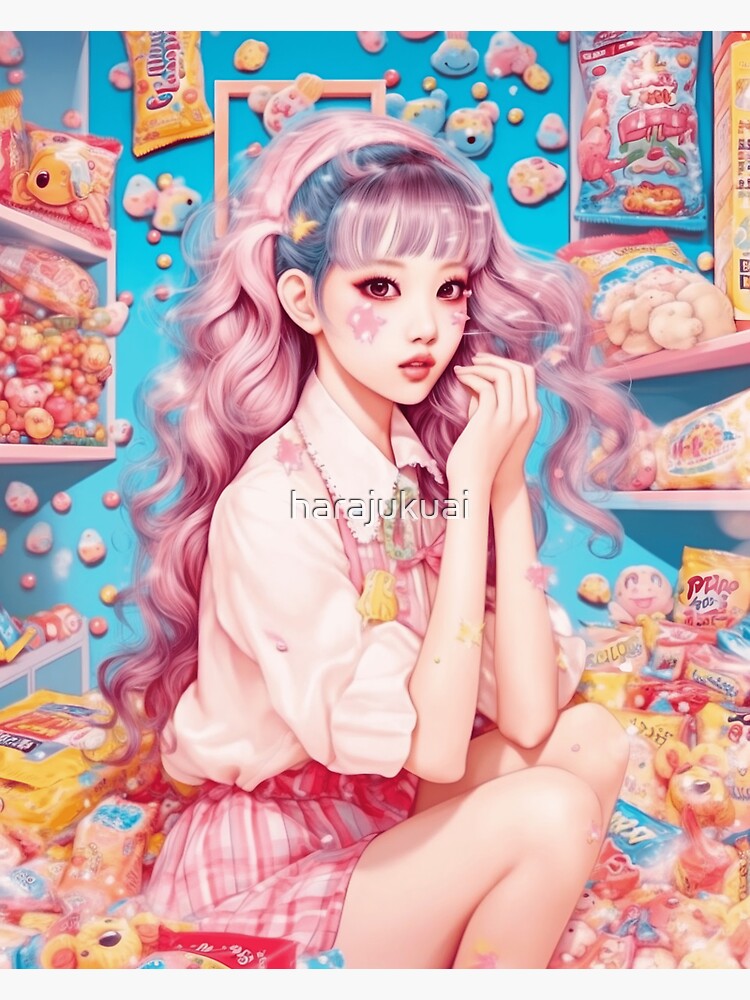 Kawaii Anime Girl Sitting in Candy Shop Sticker for Sale by