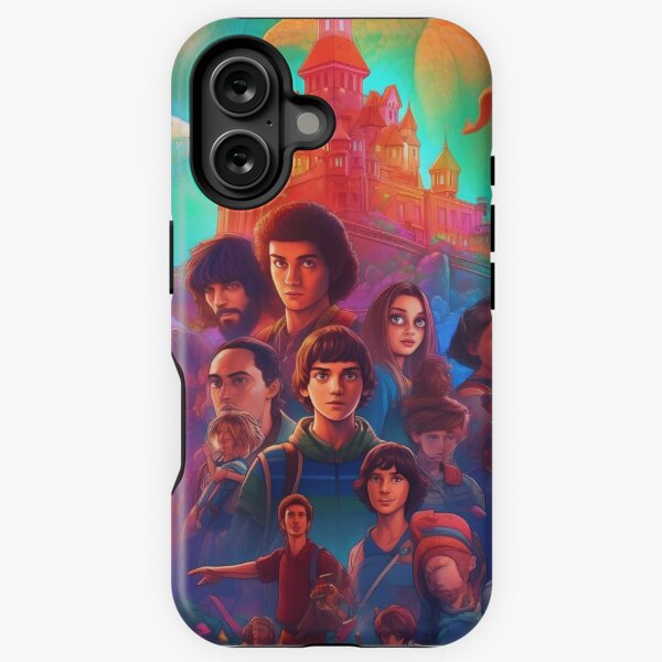 Item preview, Stranger Things where the characters are transported to a magical fairy tale world, with a castle and dragons in the background. Futuristic AI Generated designed and sold by JuxtaJoy Studios.