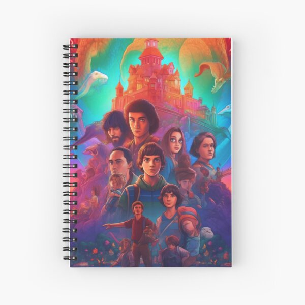 Item preview, Stranger Things where the characters are transported to a magical fairy tale world, with a castle and dragons in the background. Futuristic AI Generated designed and sold by JuxtaJoy Studios.