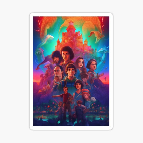 Item preview, Stranger Things where the characters are transported to a magical fairy tale world, with a castle and dragons in the background. Futuristic AI Generated designed and sold by JuxtaJoy Studios.