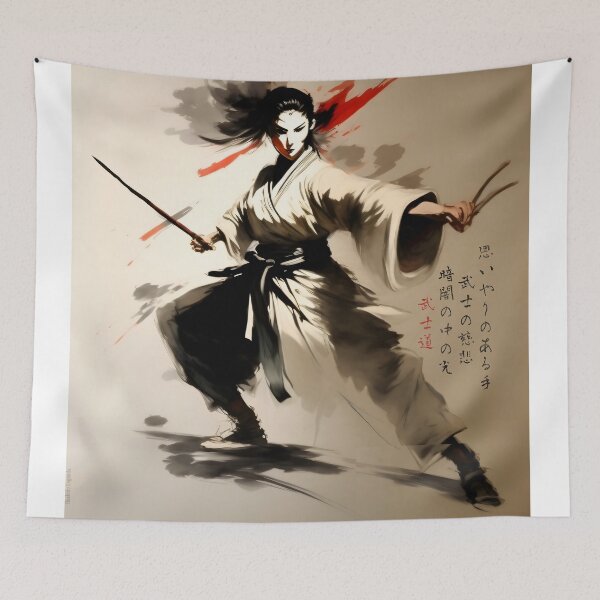 Item preview, Oriental art, samurai painting with Japanese poem about benevolence and compassion designed and sold by BushidoLegends.